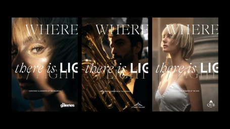 Three vertical advertising panels featuring dramatic portraits and brass instruments with typographic overlays
