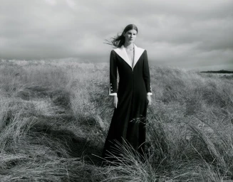 Model wearing a long black coat with white lapels standing in a tall grass field under an overcast sky.