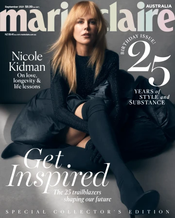 Magazine cover featuring Nicole Kidman in a black dress, seated against a dark backdrop for Marie Claire Australia, September 2021 issue.