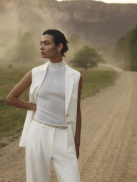 Woman in white sleeveless vest and trousers standing on a dirt road by Sarah Donvito