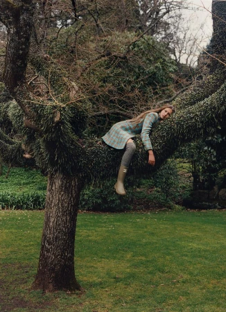Model in plaid dress and tall boots perched in a large gnarled tree above a green lawn for Harper's Bazaar Australia