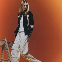 Model wearing a black jacket and white cargo pants posing against a vibrant orange studio background.