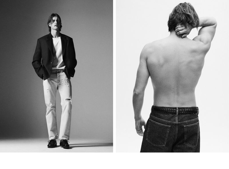 Black and white portrait of a male model in a blazer and jeans, with a second image showing his bare back and jeans.