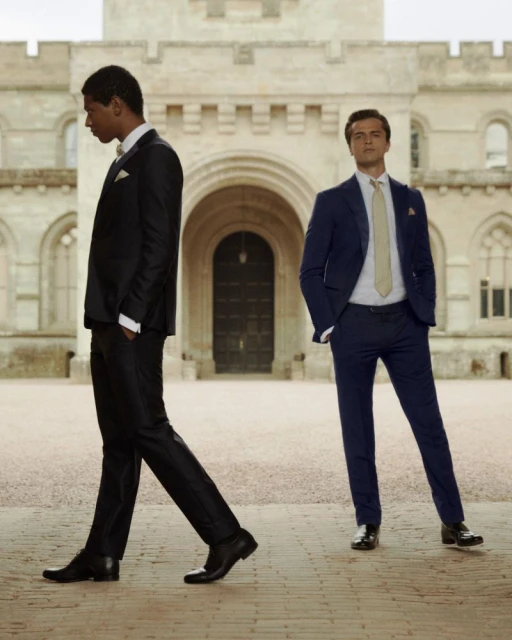 Two men in formal suits stand on a stone walkway in front of a castle, the Black man walking towards the left and the Caucasian man standing.