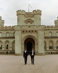 Two men in formal suits walking together in front of the grand stone entrance of Eastnor Castle for Corneliani.