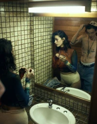 A man and woman standing together in front of a tiled bathroom mirror reflecting their figures