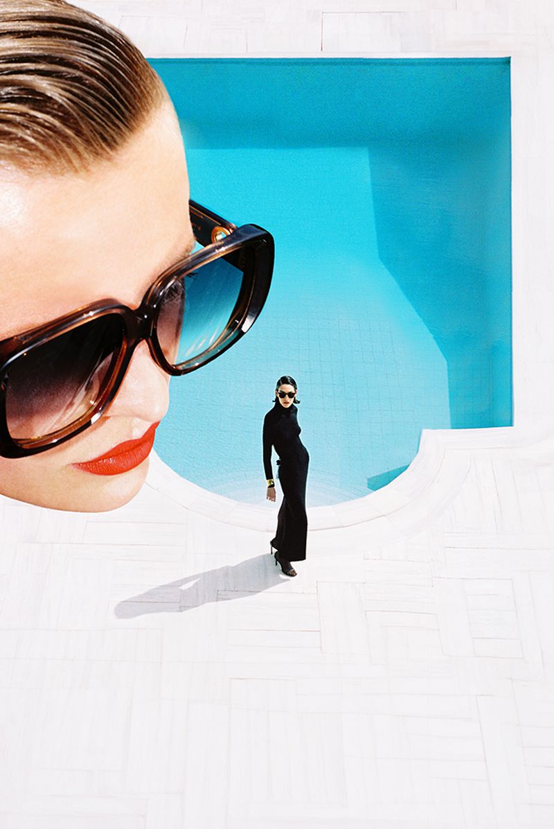 Fashion shot with a large face wearing sunglasses, a full-length fashion model in a black dress, and a turquoise pool backdrop.