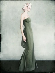 Model in olive green strapless gown wearing large floral hairpiece against textured grey backdrop