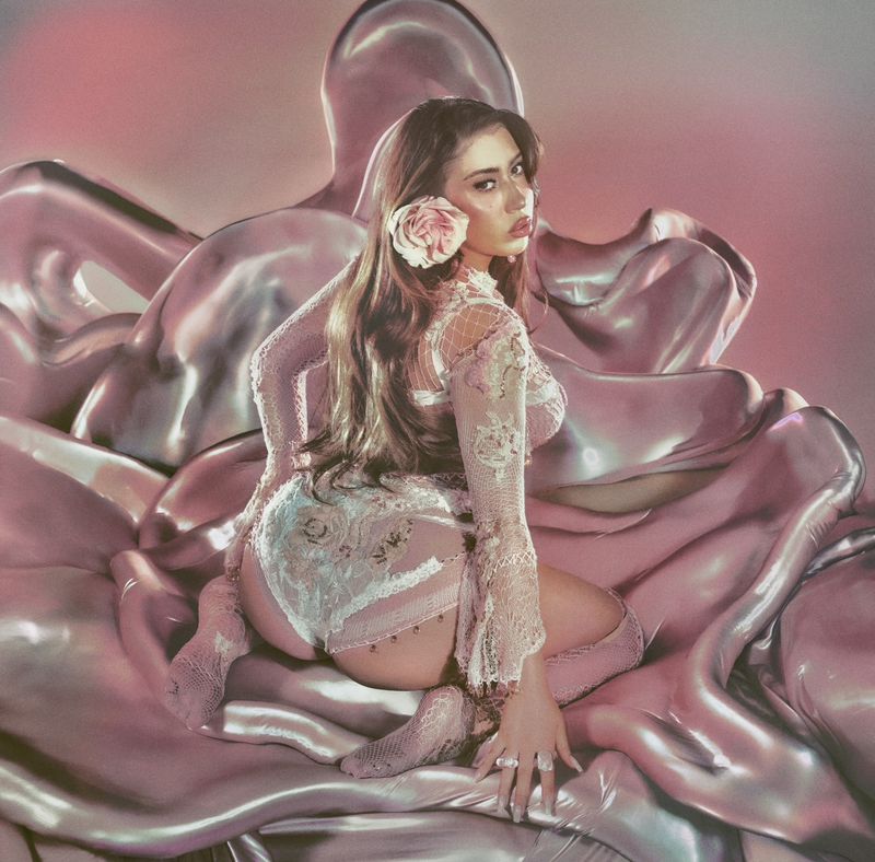 Portrait of a woman kneeling on shiny pink fabric, wearing lace lingerie and a long-sleeved top, with a flower in her hair.