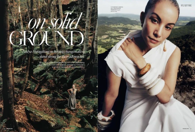 Fashion editorial featuring a woman in a white dress against two distinct outdoor backdrops: a dense forest and a mountain vista.