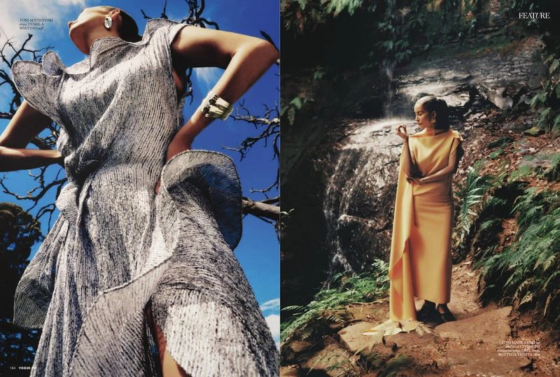 Fashion editorial split-screen: woman in textured silver dress under blue sky, woman in yellow dress near a fern-lined waterfall.