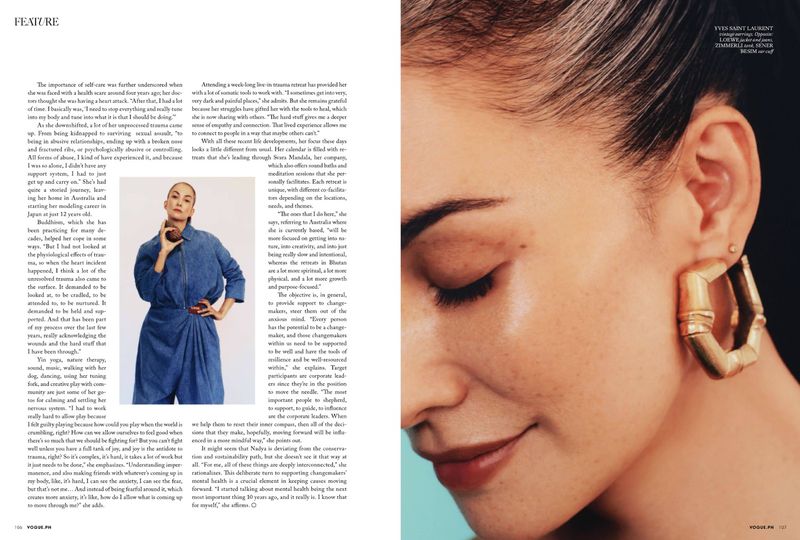 Close-up portrait of a woman wearing gold sculptural geometric earrings against a turquoise background, featured in Vogue Philippines.