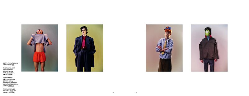 Editorial fashion layout features diverse young adult models in stylish clothes against simple backdrops, showcasing modern trends and designs.