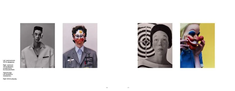 Multi-image editorial layout featuring portraits of people with unique makeup, headwear, and facial expressions, set against various backgrounds.