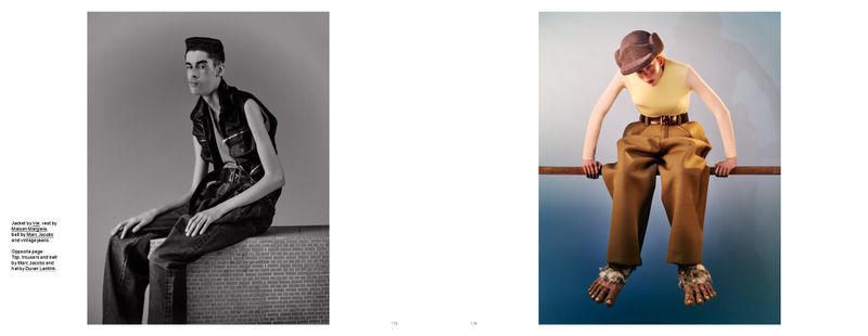 Fashion editorial shot: Man in sleeveless denim vest sitting on wall, woman in oversized brown pants sitting on wooden bar.