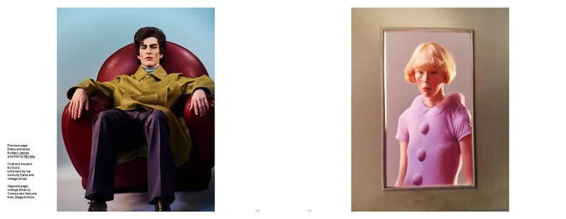 Fashion editorial: A man in a green jacket sits in a red chair against a blue background, and a woman in a pink dress is in a frame.