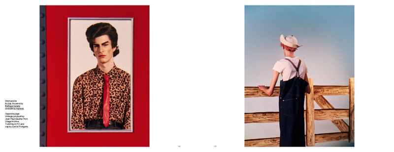 Two fashion images: a portrait of a man in a leopard-print shirt and a man in overalls near a wooden fence against a blue sky.