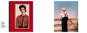 Spread showing a man in a leopard-print shirt and red tie on the left and a person in overalls facing a wooden fence on the right.