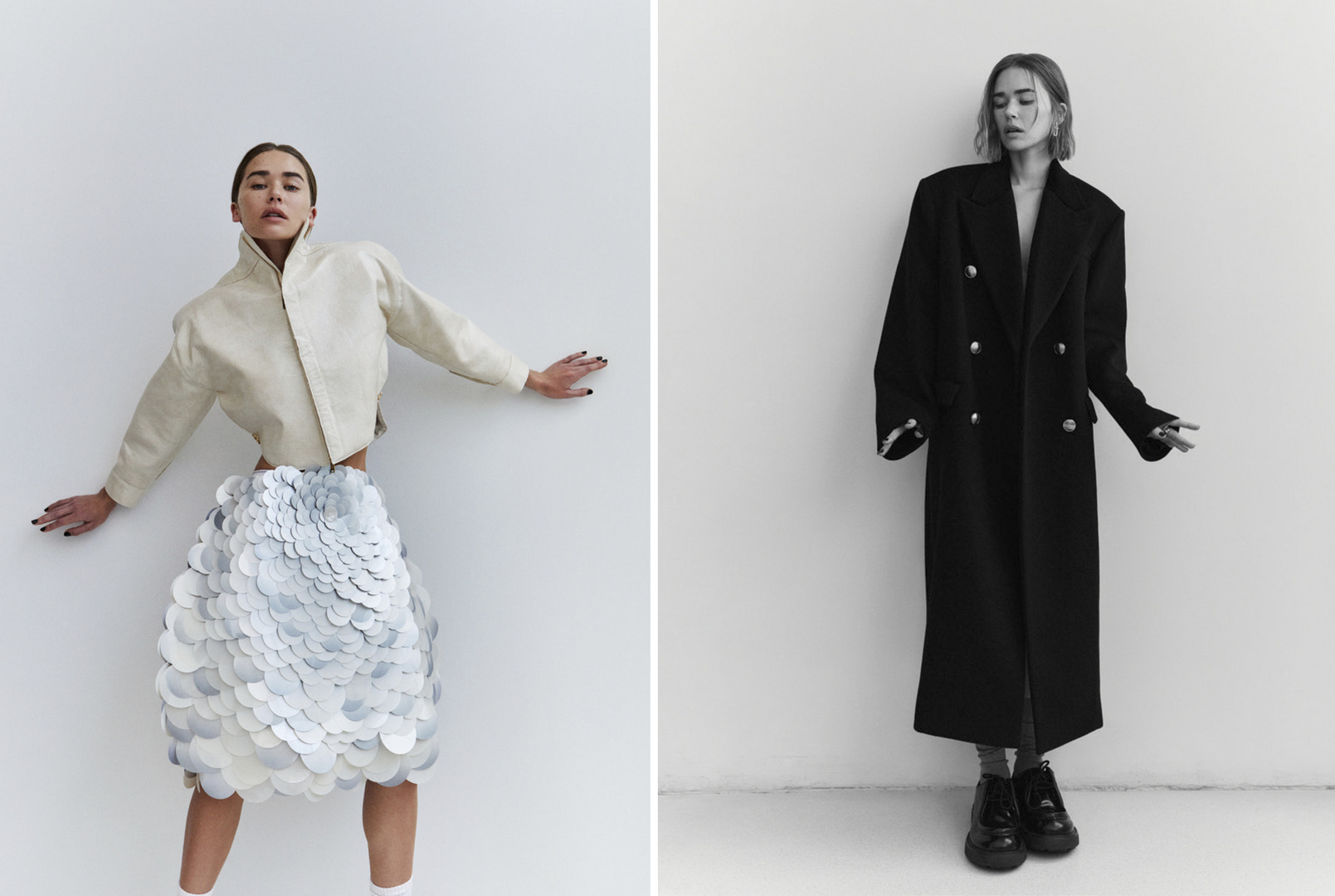 Two fashion portraits show women in a jacket with a sequined skirt and a double-breasted coat against a white backdrop in a photo studio.