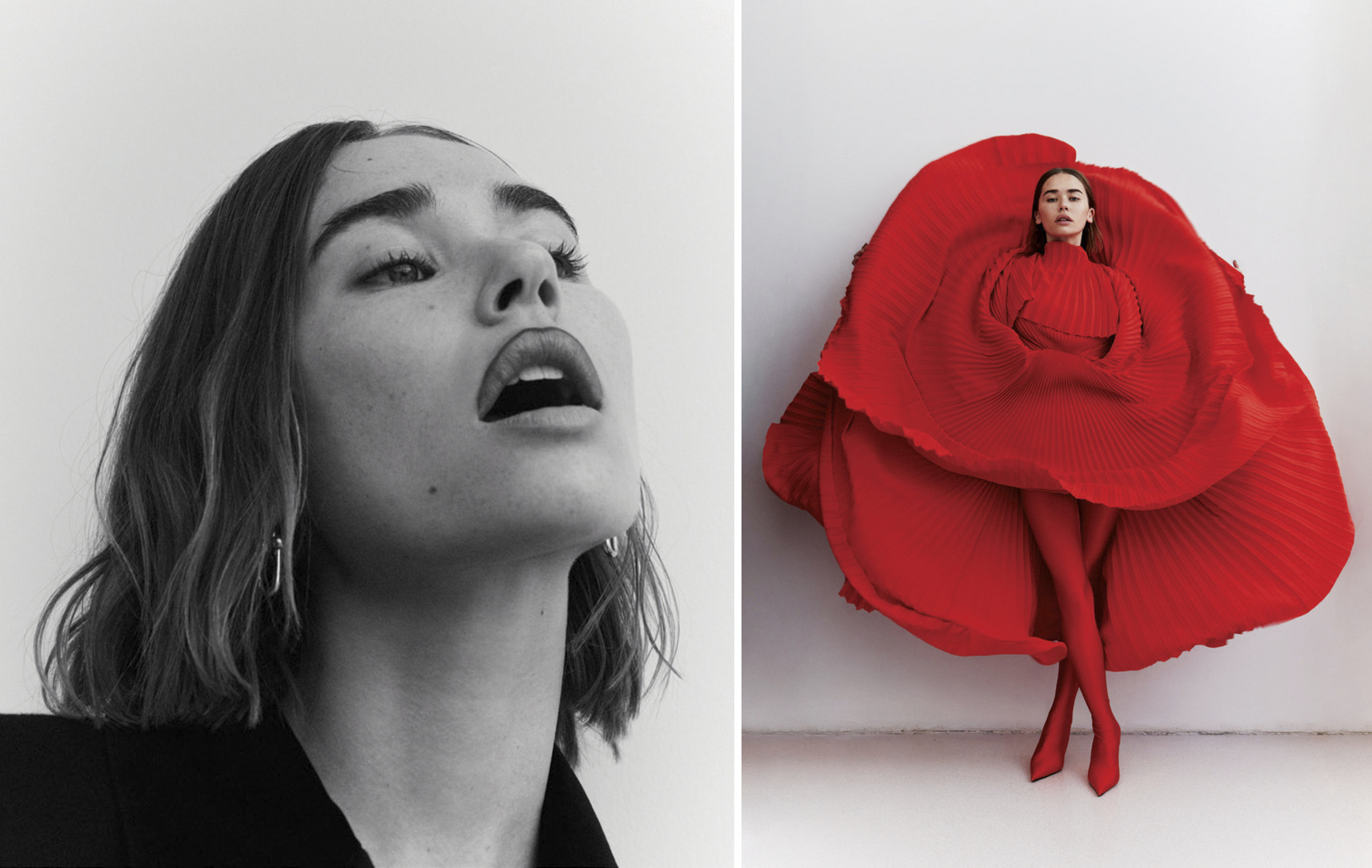 Monochrome close-up portrait of a woman looking up, juxtaposed with a color portrait of a woman in a red floral dress against white.