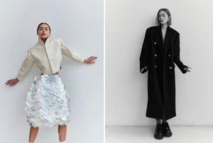 Diptyque fashion editorial featuring model in cream jacket and textured skirt alongside a full-length coat portrait.