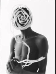 Shirtless male model with a white spiral light trail obscuring his face against a plain light background.