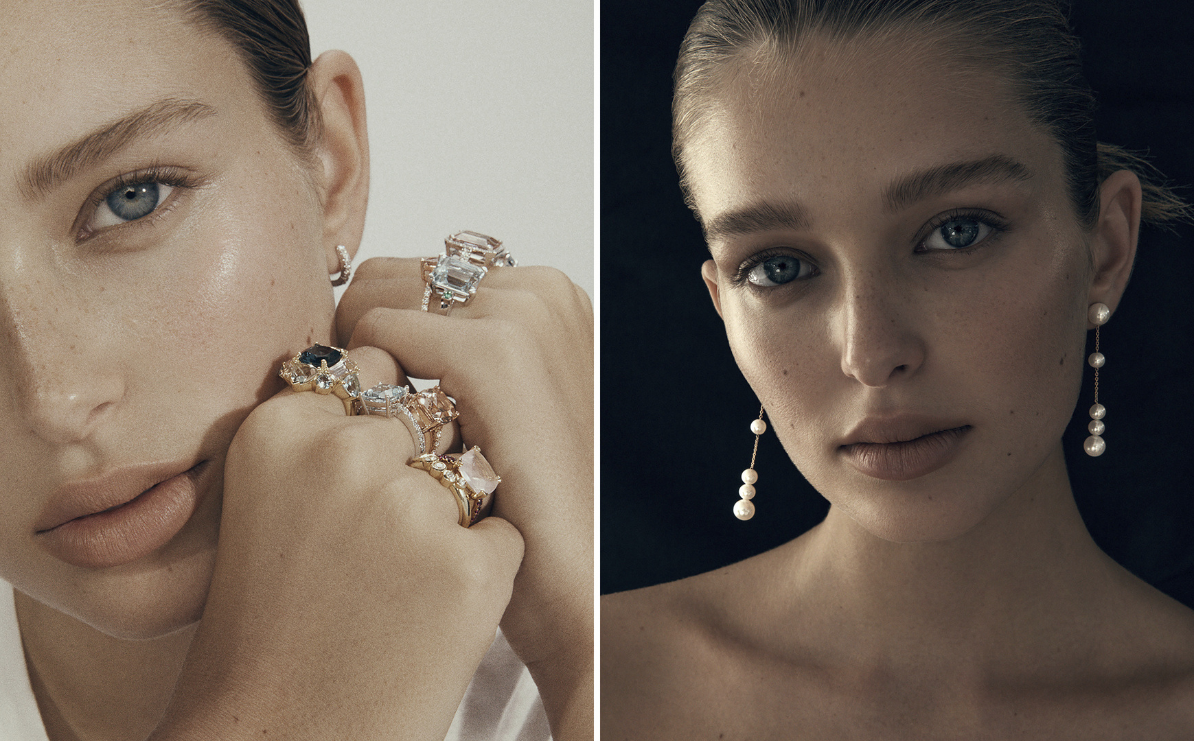 Close-up of a young adult female model with light skin, light eyes, light hair, wearing pearl earrings and multiple rings on each hand.