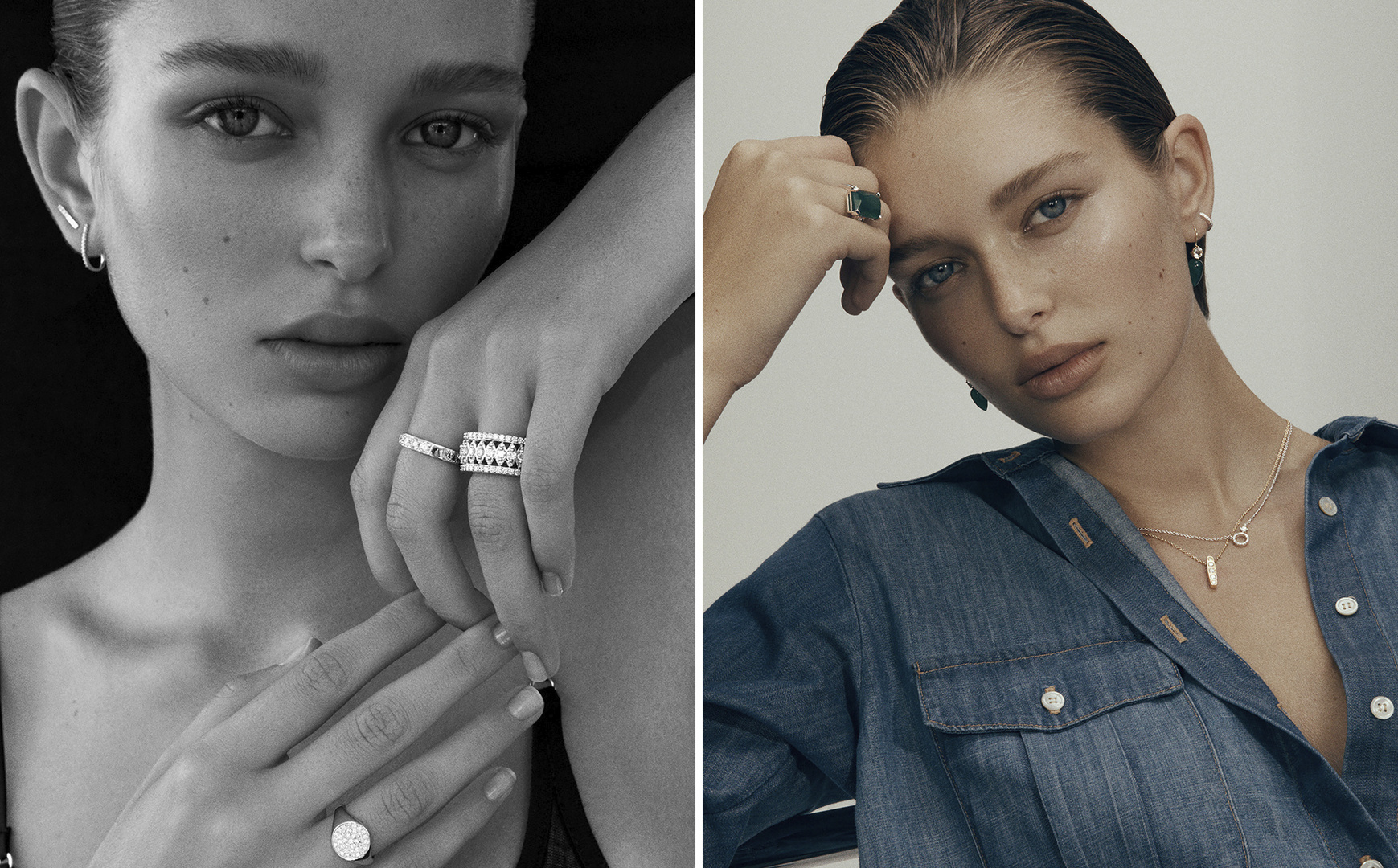 Close-up studio shots of a young adult woman modeling fine jewelry, featuring rings, necklaces, and earrings, set against contrasting backgrounds.
