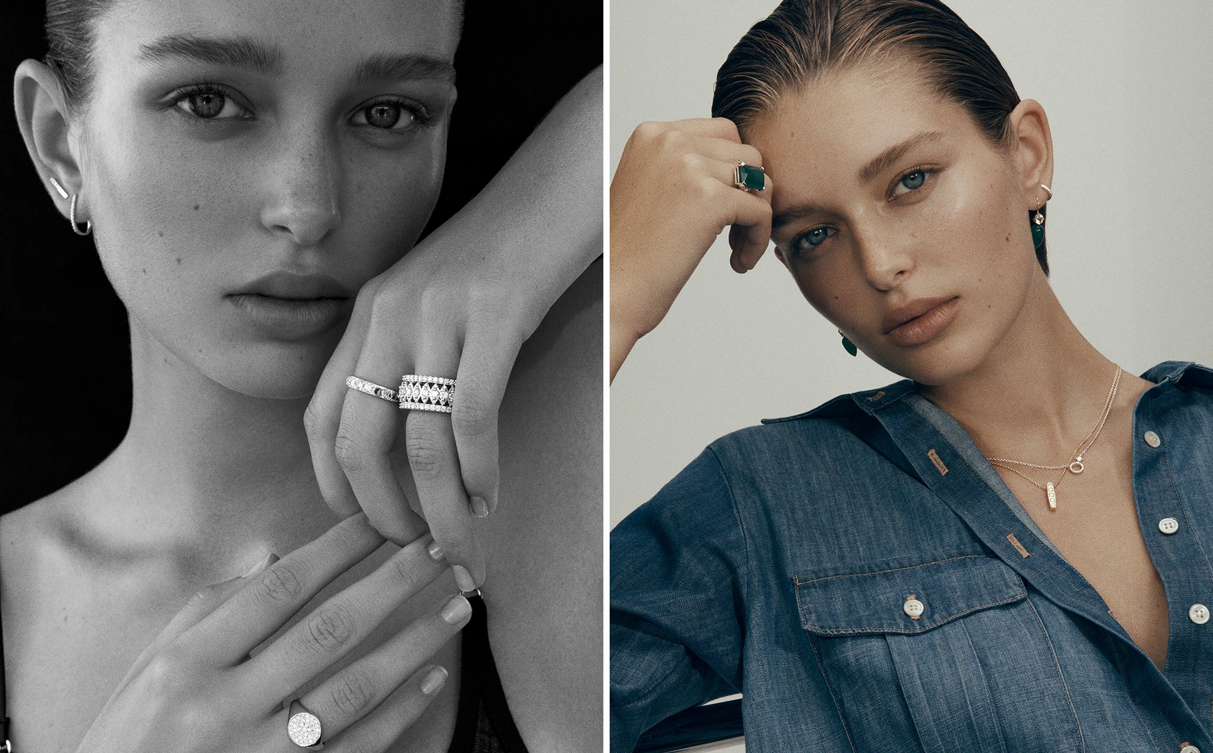 Close-up portrait of a woman wearing diamond rings and earrings in a split black and white and colour diptych