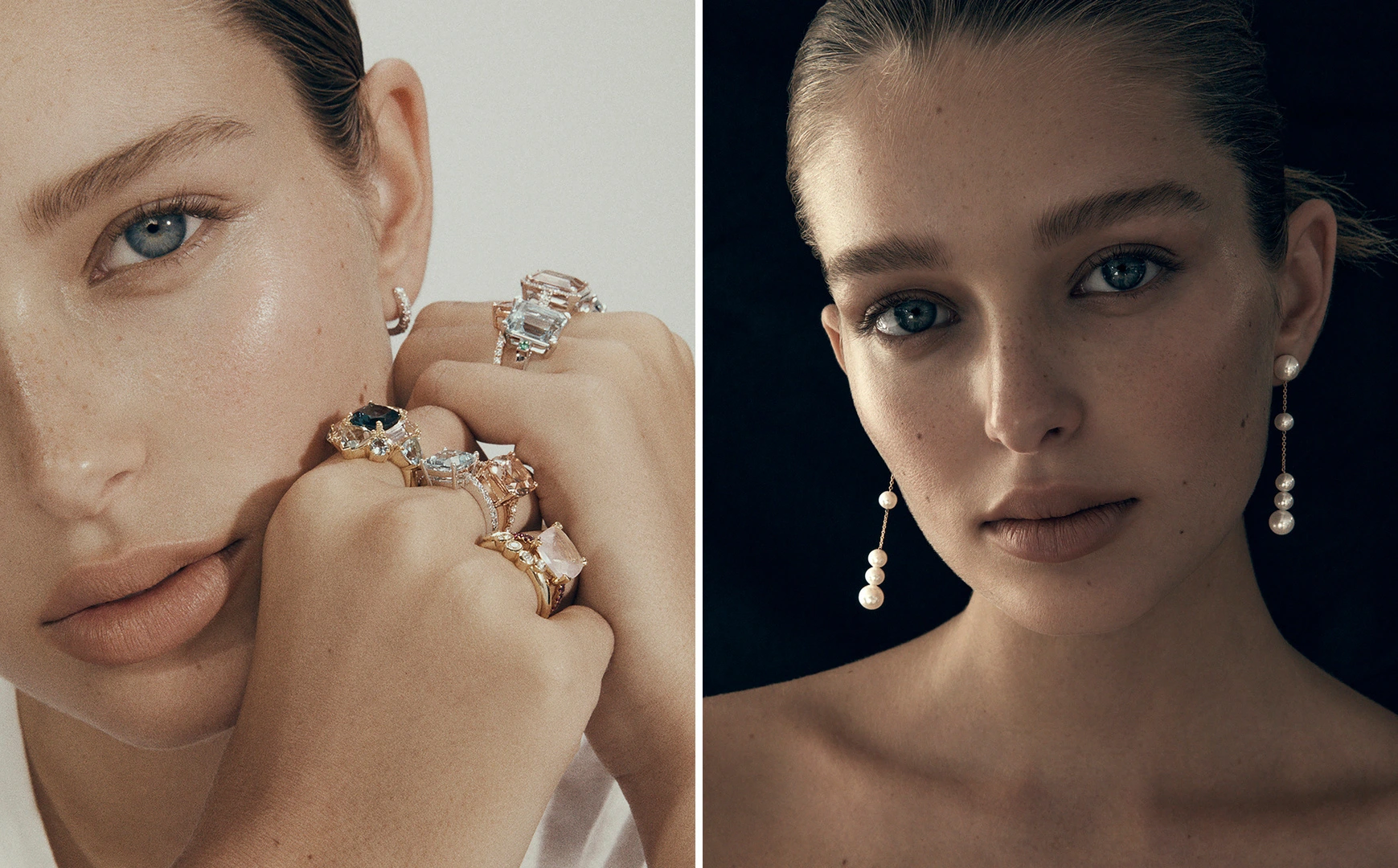 Close-up portrait of a woman wearing multiple gemstone rings on her hands and long pearl drop earrings against a dark background.