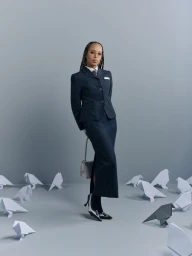 Kerry Washington wearing a navy pinstripe suit and holding a handbag in a grey studio setting surrounded by origami birds.