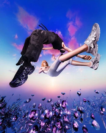 Two models floating in mid-air against a sunset sky above a field of metallic purple plants for Bershka
