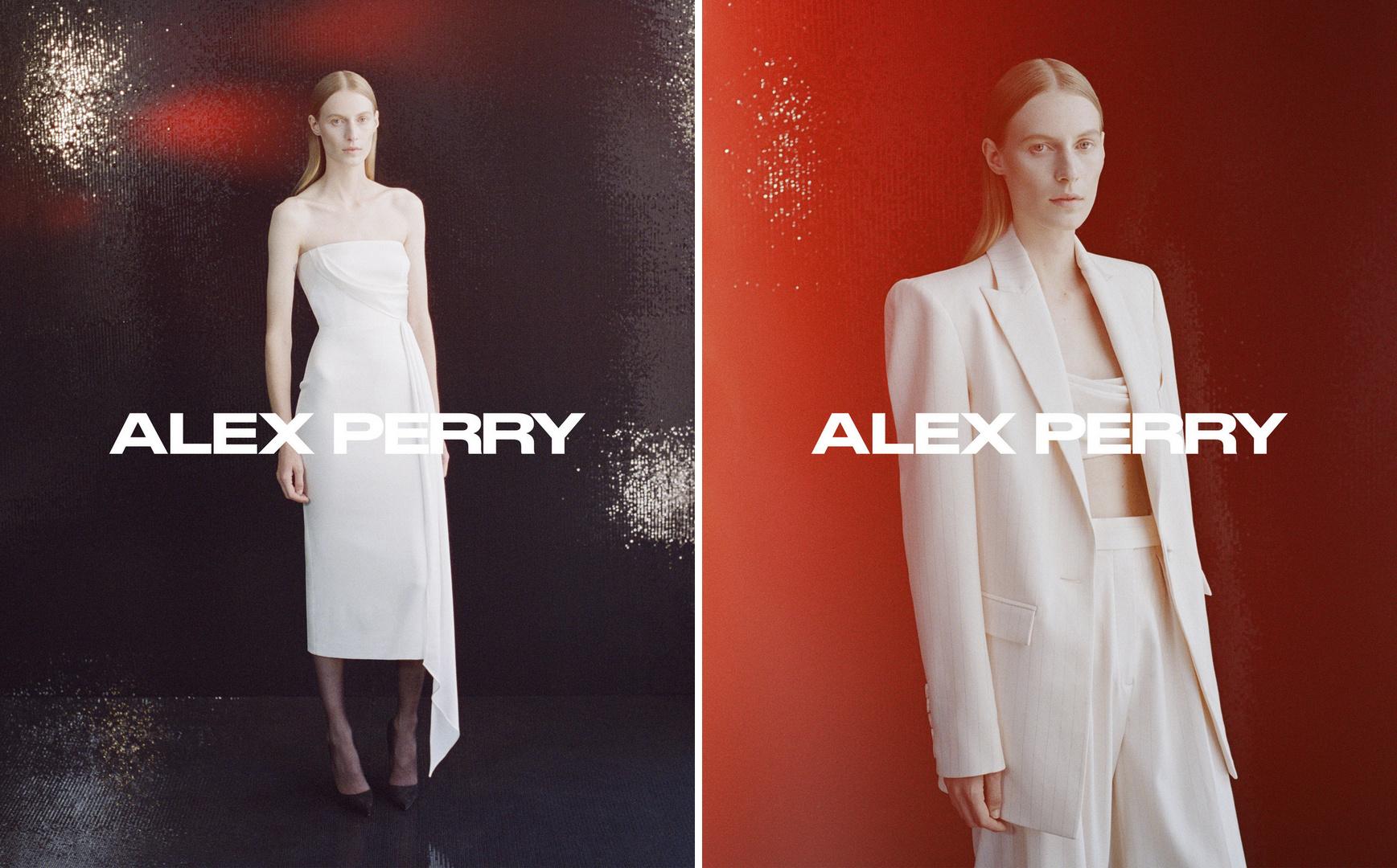 Fashion editorial with a fair-skinned model wearing a white dress against a black background and wearing a white suit against a red backdrop.