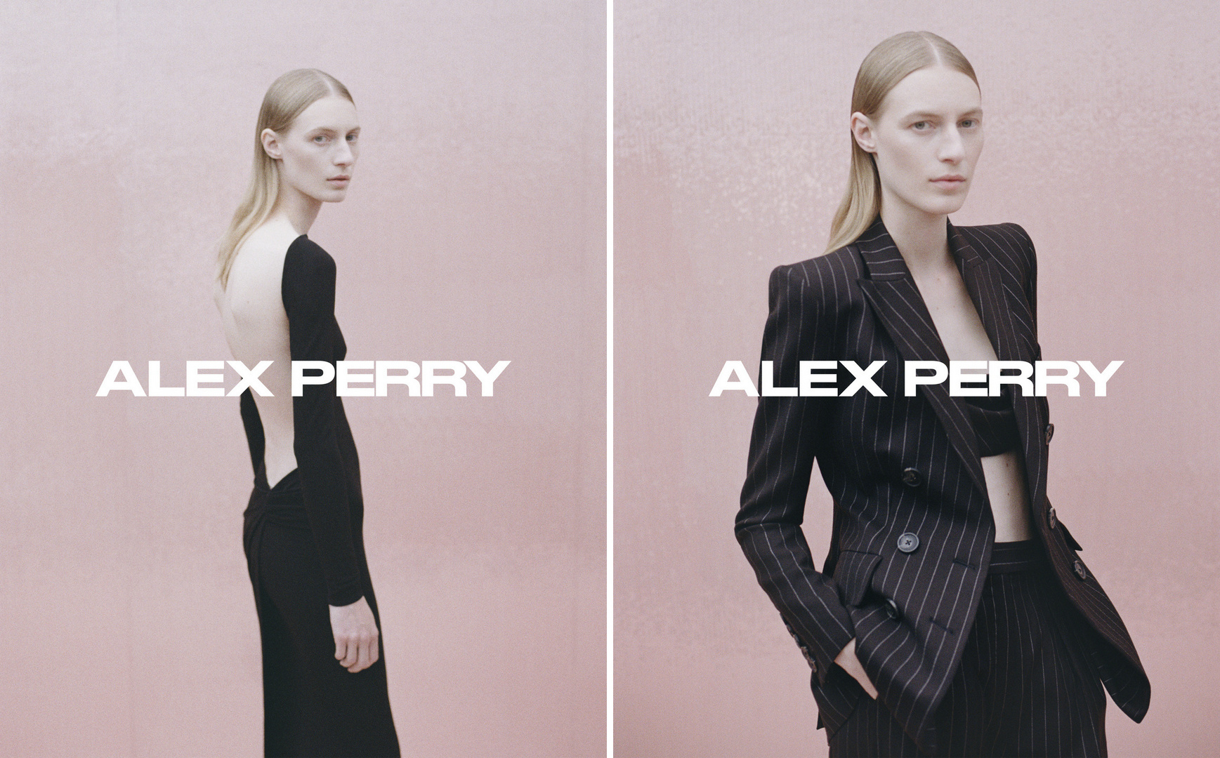 Fashion shot showcasing Alex Perry brand. A fair-skinned model in a black dress on one side and a pinstripe suit on the other.
