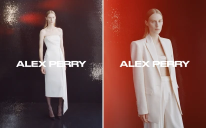Diptych of a female model wearing white designer apparel against contrasting dark and red textured backgrounds with Alex Perry branding.