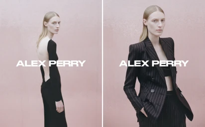 Model in black pinstripe blazer and trousers posing against a pink wall with Alex Perry logo overlaid across the split frame image.
