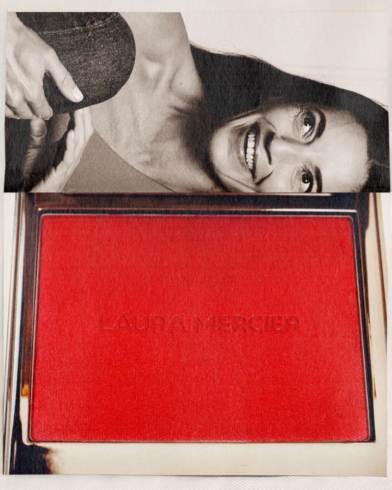 A collage featuring an adult woman with brown hair in black and white and Laura Mercier blush in a silver compact with red powder.