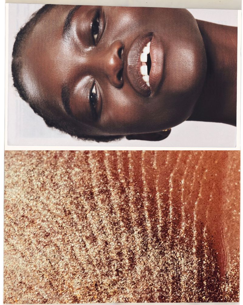 Close-up of an African American woman's face showing skin and dental details, contrasted with textured, shimmering golden skin, in portrait layout.