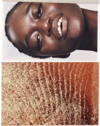 Close-up beauty portrait of a Black woman with shimmering skin and a textured gold cosmetic swatch below, for Laura Mercier.
