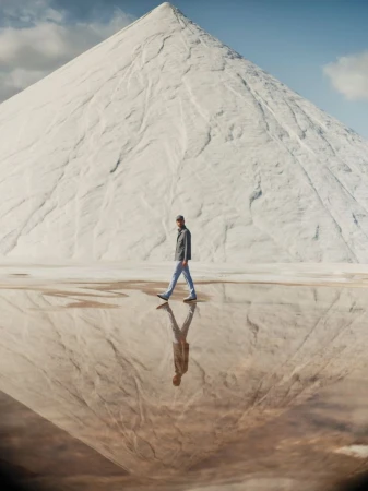 A man walks across a shallow reflective pool toward a large white mountain under a blue sky with soft clouds, creating a mirrored effect.