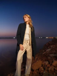 A blonde female model standing on a rocky shore wearing a dark quilted coat and beige trousers against a twilight sky over water.