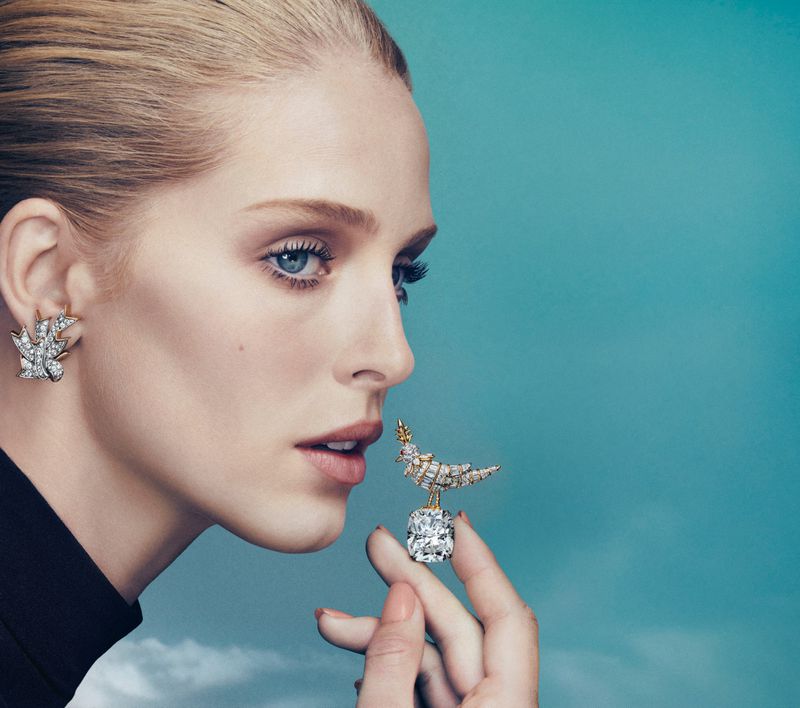 Profile of a woman wearing ornate jewelry earrings and a decorative brooch, set against a turquoise background with soft, cloud-like details.