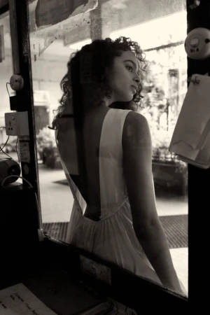 Monochrome portrait of a young woman with curly hair in a low-back dress looking out a window with natural lighting, indoors.