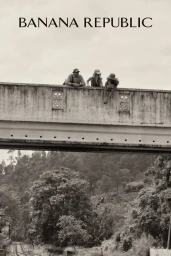Three models leaning on a concrete bridge over a lush wooded landscape in a black and white editorial campaign image.