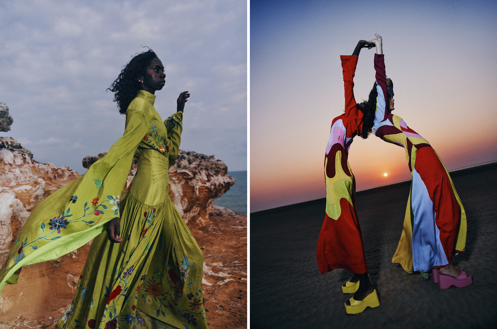 Two-panel fashion shot features a woman in a green dress on a rocky coast, and two women in colorful dresses in a desert setting.