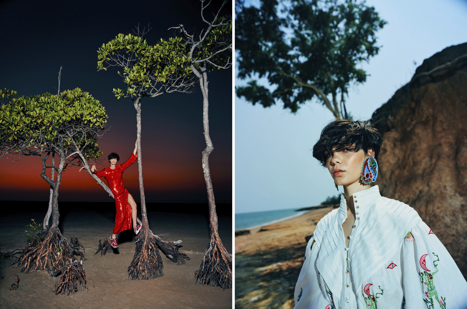 Two-panel fashion shot: woman in red dress in tropical trees at dusk, woman in white dress by a rocky beach during the day.