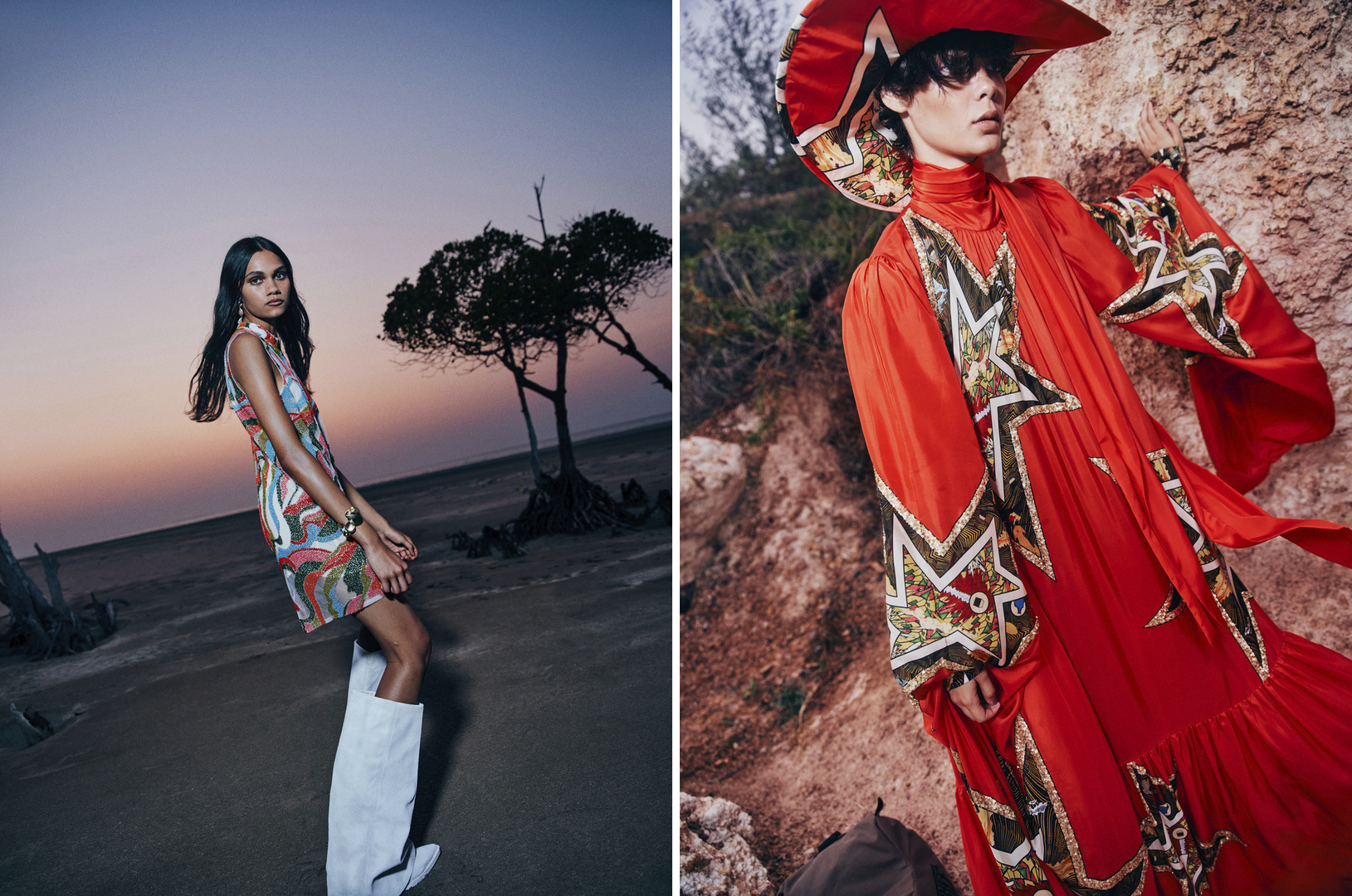 Two fashion models posing outdoors in a split composition with sunset sky and rocky terrain for Alemais Resort.