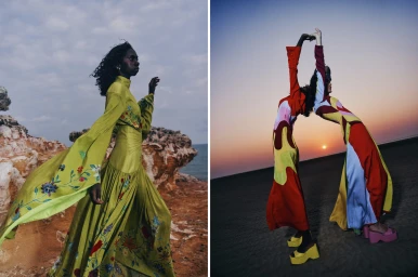 Two fashion editorial panels featuring models in colourful designer dresses outdoors at sunset by a rocky coast.