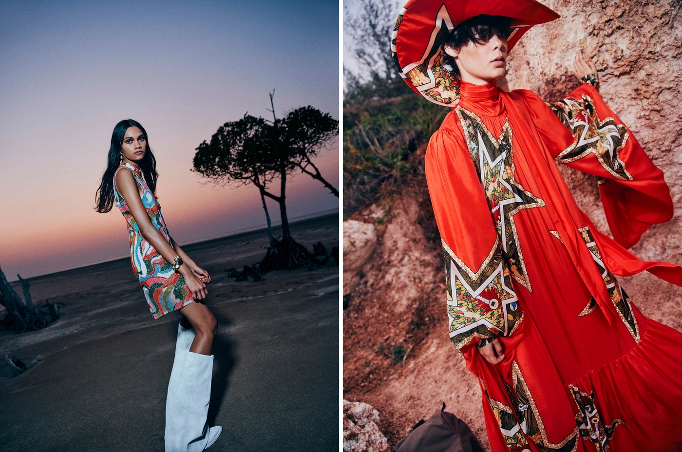 Two fashion models posing in a split-screen layout with an ocean beach and rocky terrain backdrop.