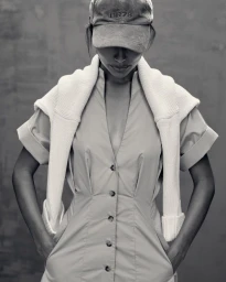 Model in a button-down dress wearing a baseball cap and a knitted sweater draped over shoulders in a monochrome portrait.